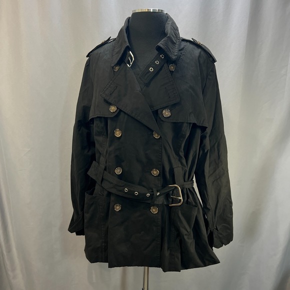Merona Jackets & Blazers - Merona Trench Coat Womens 1 Black Cotton Double Breasted Belted Waist Minimalist